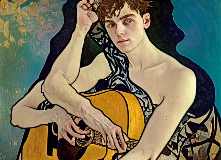 Prompt: acoustic guitar boy, vincent lefevre and hernan bas and pat steir and alphonse mucha and hilma af klint, psychological, photorealistic, dripping paint, washy brush, rendered in octane, altermodern, masterpiece
