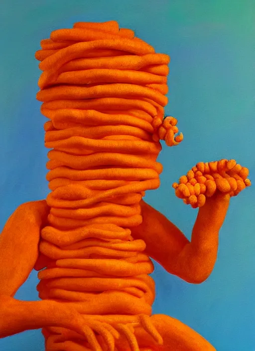 Image similar to cheeto man, extremely detailed, painting in the style of rene margitte, surrealist