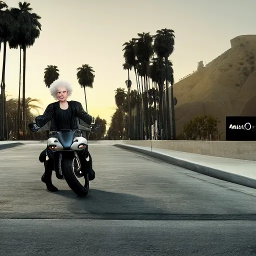 Image similar to a photorealistic image of a smiling white bichon frise puppy dog riding a black motorcycle in Hollywood at sundown. Palm trees in the background. Paws on handlebars. This 4K HD image is Trending on Artstation, featured on Behance, well-rendered, extra crisp, features intricate detail and the style of Unreal Engine.