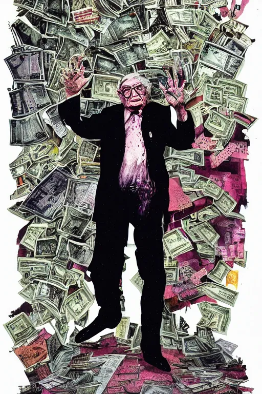 Image similar to George Soros full body shot, dollar bills Body horror, biopunk, by Ralph Steadman, Francis Bacon, Hunter S Thompson