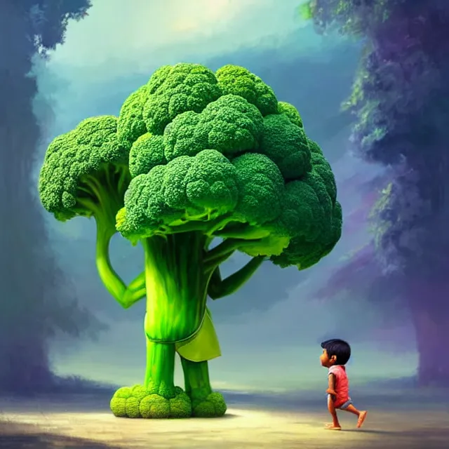 Prompt: epic professional digital art of an East Indian toddler boy walking beside a giant anthropomorphic friendly broccoli, best on artstation, cgsociety, wlop, Behance, pixiv, astonishing, impressive, outstanding, epic, cinematic, stunning, gorgeous, breathtaking science fiction art, masterpiece.