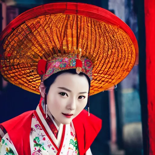 Prompt: photo portrait of chinese actress, beauty in traditional costume in real life by Steve McCurry, colorful, sharpen, 4k, 85mm, award winning, realistic