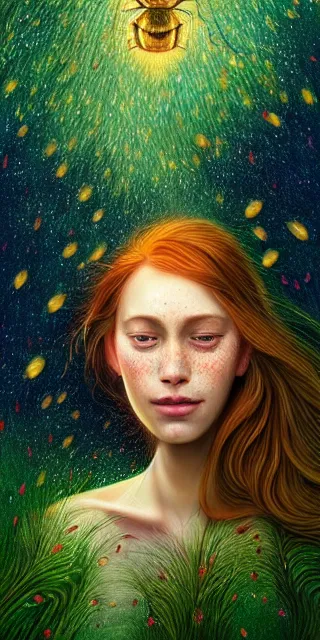 Image similar to infp young woman, smiling amazed, golden fireflies lights, sitting in the midst of nature fully covered, long loose red hair, intricate linework, bright green eyes, small nose with freckles, oval shape face, realistic, expressive emotions, dramatic lights spiritual scene, hyper realistic ultrafine art by michael cheval, jessica rossier, boris vallejo