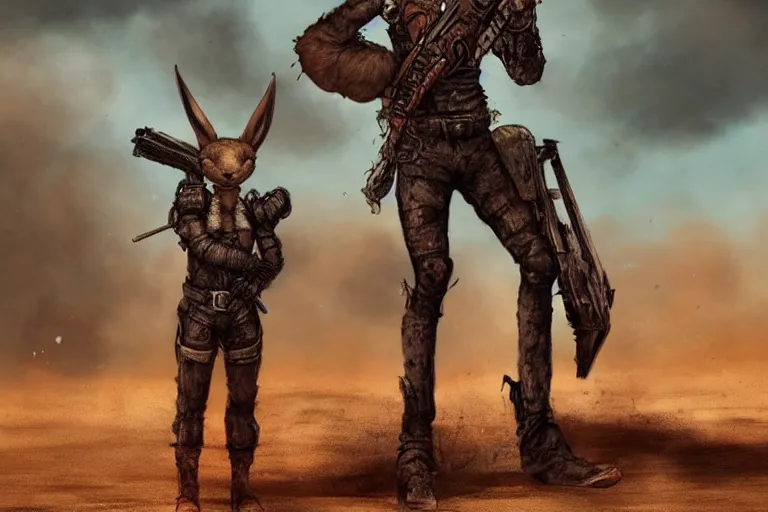 Image similar to a good ol'jackrabbit fursona ( from the furry fandom ), heavily armed and armored facing down armageddon in a dark and gritty version from the makers of mad max : fury road. witness me.