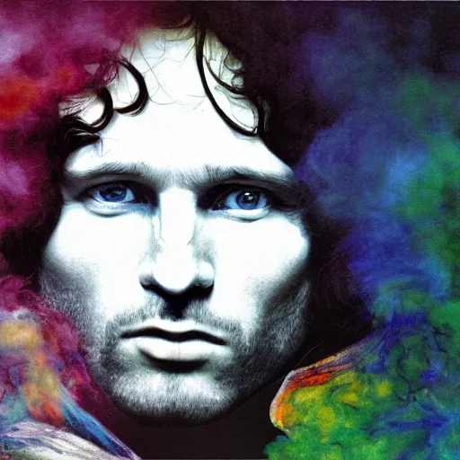 Image similar to colour masterpiece surreal closeup portrait photography jim morrison by miho hirano and annie leibovitz and michael cheval, psychedelic smoke background, 8 k