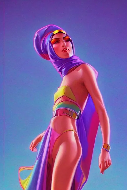 Image similar to 🧕🏽🌈, 8 0 s art deco, artstation, moebius + artgerm, hd,