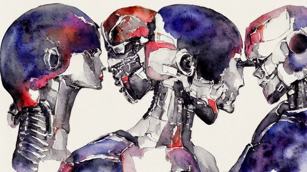 Prompt: watercolor of two cyborgs kissing