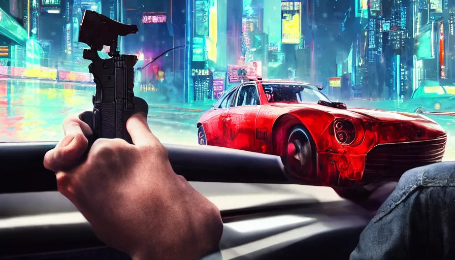 Image similar to elmo!! holding a pistol leans out of the window of a driving car in cyberpunk, digital art, rendering, hyperrealistic, photorealism