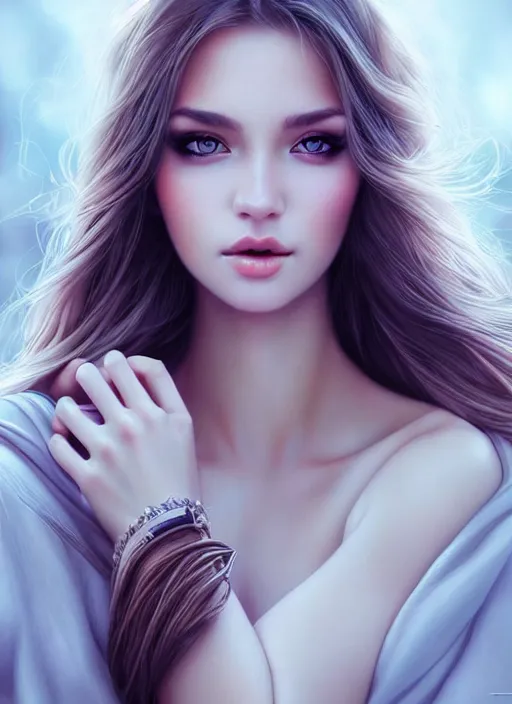 Image similar to a gorgeous female photo, professionally retouched, soft lighting, half body shot, realistic, smooth face, perfect eyes, wide angle, sharp focus on eyes, 8 k high definition, insanely detailed, intricate, elegant, art by artgerm, snowy winter