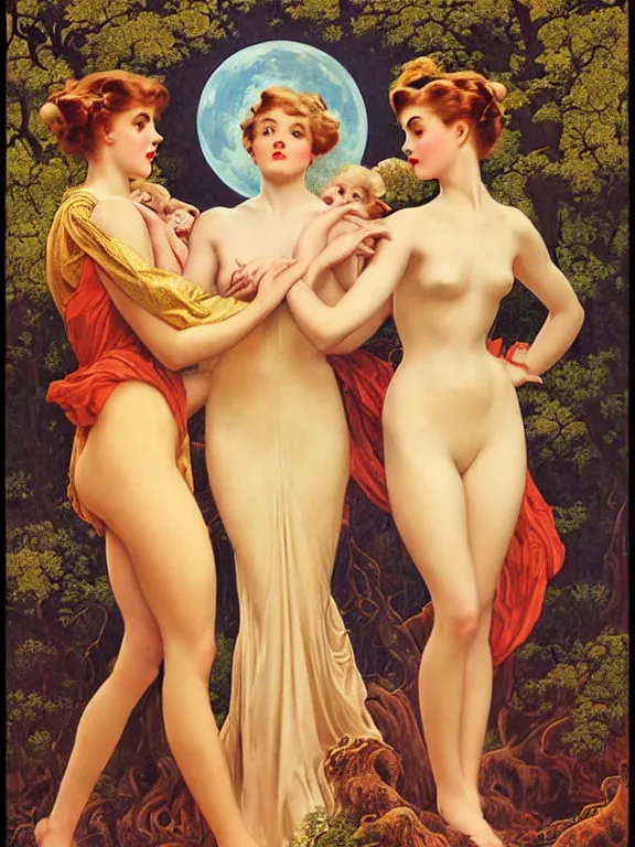 Image similar to Kiernan shipka as the three graces, a beautiful art nouveau portrait by Gil Elvgren and Gerald Brom, Moonlit forest environment bonfire, centered composition, defined features, golden ratio, golden jewelry