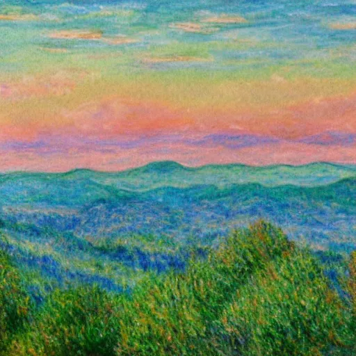 Prompt: asheville skyline from beaucatcher mountain, in the style of claude monet, watercolor, beautiful, scenic, award winning, 4 k, hd