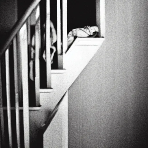 Prompt: old photo, faceless child at the top of a staircase, peering over