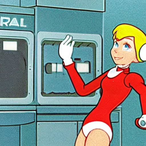 Prompt: pixar - style rendering of : roll is repairing computers in dr. light's laboratory. roll is a cute female ball - jointed robot ( inspired by osamu tezuka ) who has blonde hair with bangs and a ponytail tied with a green ribbon. she is wearing a red one - piece dress with a white collar, and red boots.