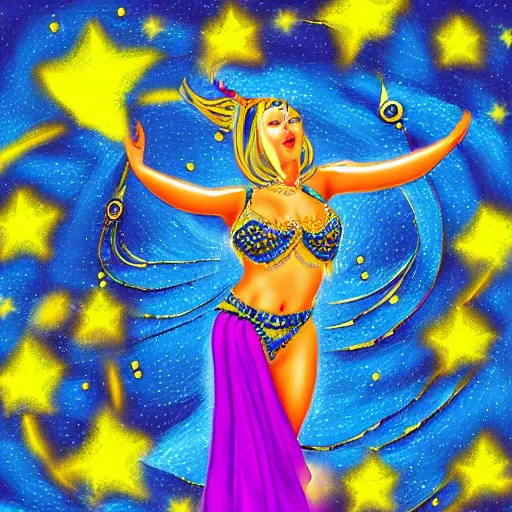 Image similar to Belly dancer looking at a starry sky, epic, digital art, highly detailed, soft light