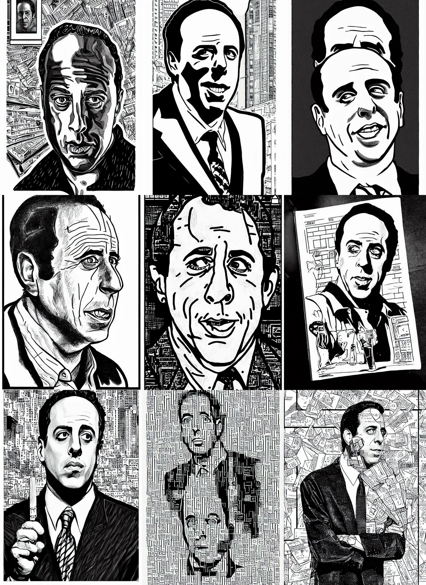 Prompt: jerry seinfeld in seinfeld ( tv show ), portrait, cyberpunk 2 0 2 0 manual, by steampoweredmikej, inktober, ink drawing, black and white, coloring pages, manga, highly detailed