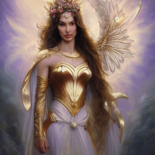 Prompt: fine art photo of the beauty goddess seraphim of the light gal gadot, she has a crown of mesmerizing flowers, by peter mohrbacher