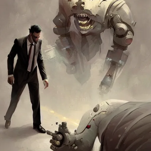 Prompt: Depreased Man in suits killing demon with his robotic arm, digital art by Tony Sart and Greg Rutkowski, trending on cgsociety