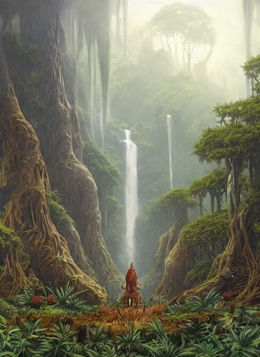 Image similar to a shaman sitting in the jungle, with giant faces of ancestors behind him, hyper detailed, art by christophe vacher