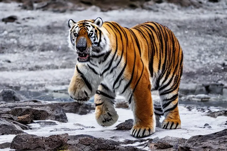 Image similar to a tiger polar bear!!! hybrid! hyper realistic!! realistic lighting!! wildlife photographer of the year!!! bold natural colors, national geographic, hd, wide angle, 8 k