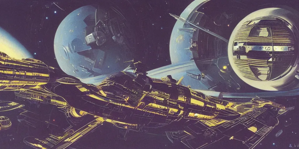Prompt: highly detailed matte painting of a deep space station by syd mead , john berkley and john harris, intricate, casette futurism, industrial feel