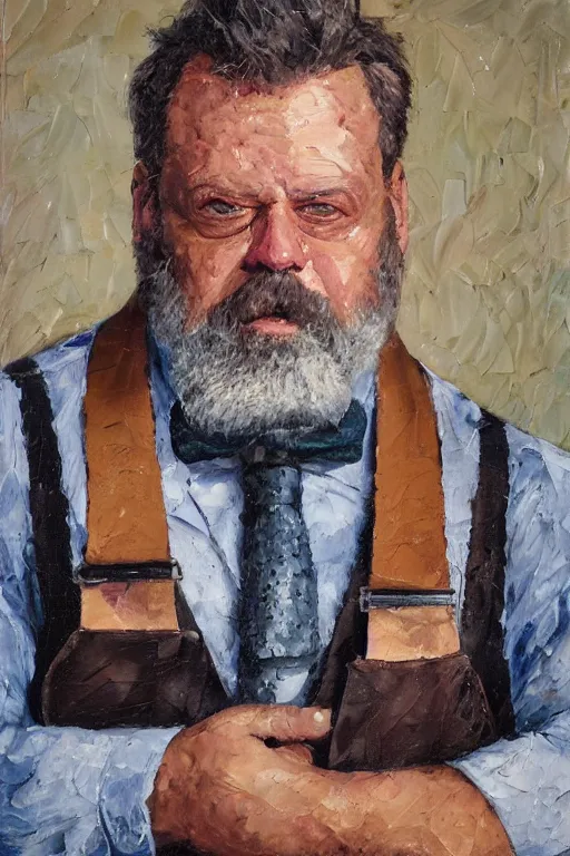 Prompt: palette knife oil painting of professor clay, middle - aged, thickset, barrel chest, voluminous, salt - and - pepper beard. eyes smolder like embers. dress shirt and suspenders, sleeves rolled, tie loosened. extreme detail. artstation trending, artgerm, deviant art, octane, substance, art history 8 k