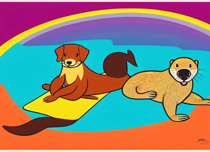 Image similar to dog and otter relaxing, colorful,modern art deco, disney poster, editorial illustration, detailed,