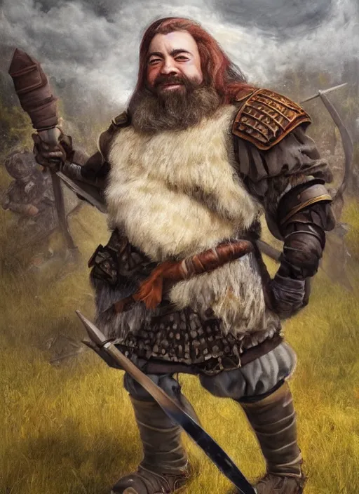 Image similar to A hyperrealistic fantasy portrait painting of a male dwarf on the battlefield