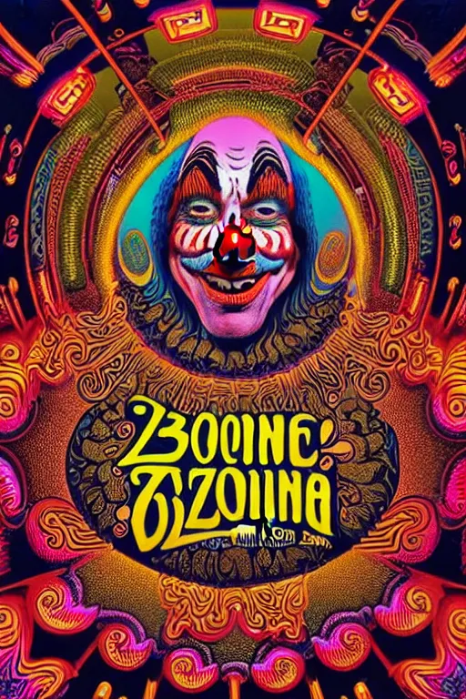 Prompt: Flowing lettering that says The Bozone, Fillmore concert poster for The Bozone by Robert Crumb, by Victor Moscoso, by Laurie Lipton, black light velvet poster, intricate paisley filigree, Bozo the clown. Clown motif, Shiny bulbous red clown nose at the center of an infinite fractal mandala tunnel of clowns, Unreal Engine, Cryengine, Artstation