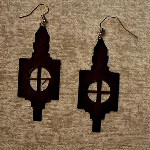 Image similar to 2 d wood lasercut earrings, mystical symbols, 8 k, hd, trending on artstation, trending on deviantart, trending on etsy, epic digital art