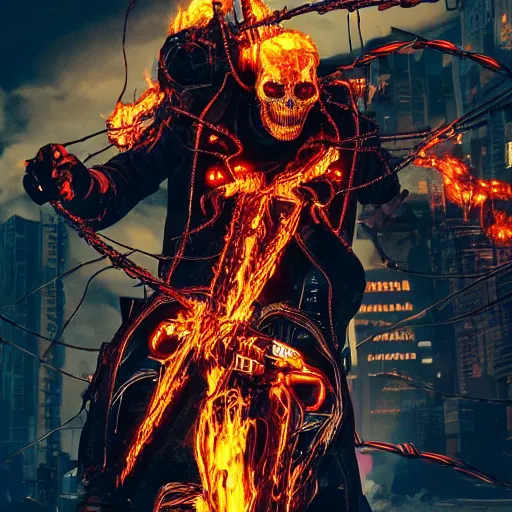 Image similar to cyberpunk ghost rider swinging a barbed wire whip, extremely detailed concept art, octane render, volumetric lighting, terrifying masterpiece, maximalist, neo-expressionist, full body portrait, black background, lots of flames, horror