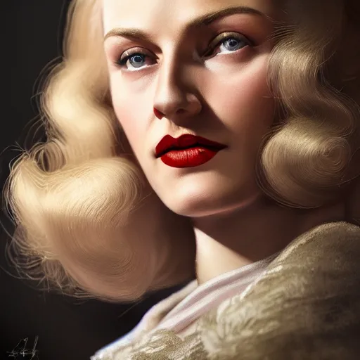 Prompt: A Hearts of Iron IV portrait of a blonde German actress with high cheekbones. Dressed in 1940s style. Highly detailed, fine Art, high detail, great lighting, 8k resolution, masterpiece, concept art, illustration, clear eyes, painting oil on canvas, octane render, HDR, trending on artstation, 4k, 8k, HD