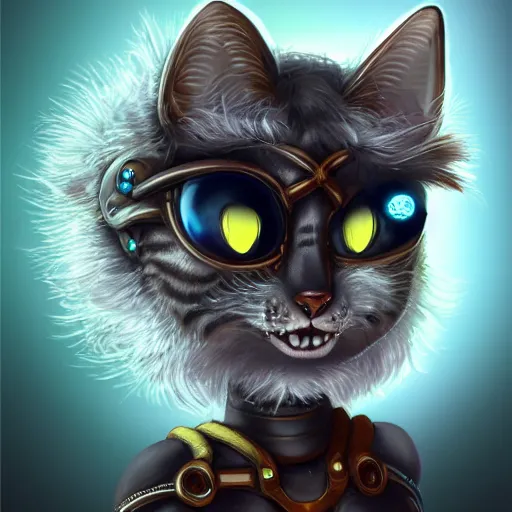 Image similar to cute furry anthropormorphic alien cat cyborg creature with big eyes, character concept detailed painting 4 k