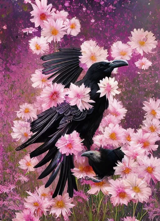 Prompt: portrait of black raven bird, flowers, pink spike aura in motion, floating pieces, painted art by tsuyoshi nagano, greg rutkowski, artgerm, alphonse mucha, spike painting