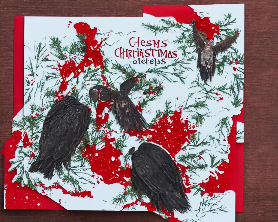 Image similar to a christmas card with a sinister demon and vultures, covered in blood