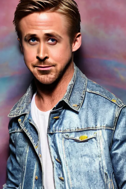 Image similar to Ryan Gosling with silver-violet hair, white eyes inflated press and denim glittery vest, wide lens, diorama, 4k,