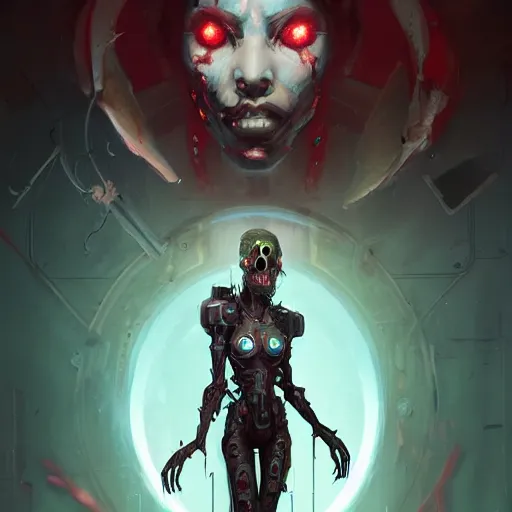 Image similar to portrait of a horrific cybernetic zombie, cyberpunk concept art by pete mohrbacher and artgerm and wlop and greg rutkowski and deathburger, digital art, highly detailed, intricate, sci-fi, sharp focus, Trending on Artstation HQ, deviantart, unreal engine 5, 4K UHD image