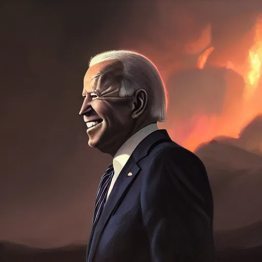 Image similar to joe biden smiling while behind him the world is burning, dramatic lighting, cinematic, establishing shot, extremly high detail, photorealistic, cinematic lighting, artstation, style by James Gurney