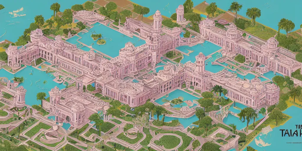 Prompt: The Taj hotel mep map axonometric pastel infographic by Wes Anderson