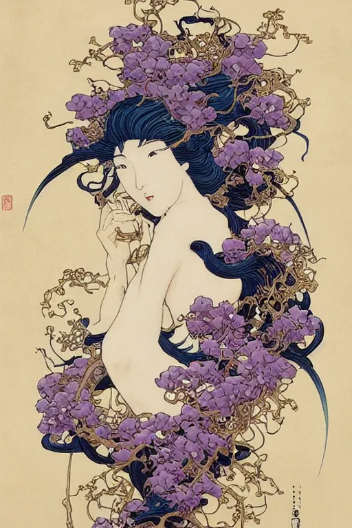 Image similar to beautiful symmetrical goddess of wisteria : : 2, highly detailed, intricate designs, by hokusai, mike mignola, nekro, peter mohrbacher, alphonse mucha, brian froud, yoshitaka amano, kim keever, victo ngai, james jean, jean giraud, elaborate ink illustration, trending on artstation