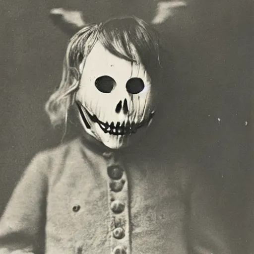 Image similar to child wearing a halloween mask in 1 9 0 0, photograph, style of atget, creepy, atmospheric, unsettling