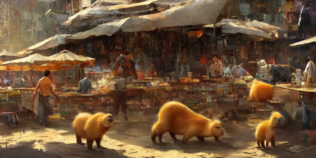 Image similar to The capybara market , artwork by Craig Mullins,Movie poster, detailed, trending on artstation