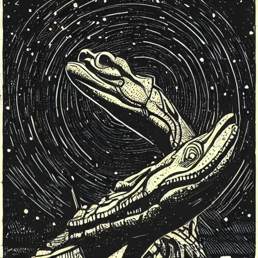 Prompt: Woodcut portrait of a beautiful cute crocodile with robot ears by falling into the stars greg rutkowski, 4k, intricate details