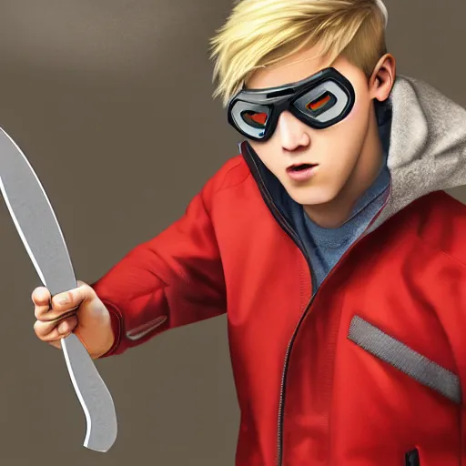 Image similar to a blonde teenager, goggles, red jacket, knife in his mouth, knife in his right hand and a knife in his left hand, photorealistic, hd, high details