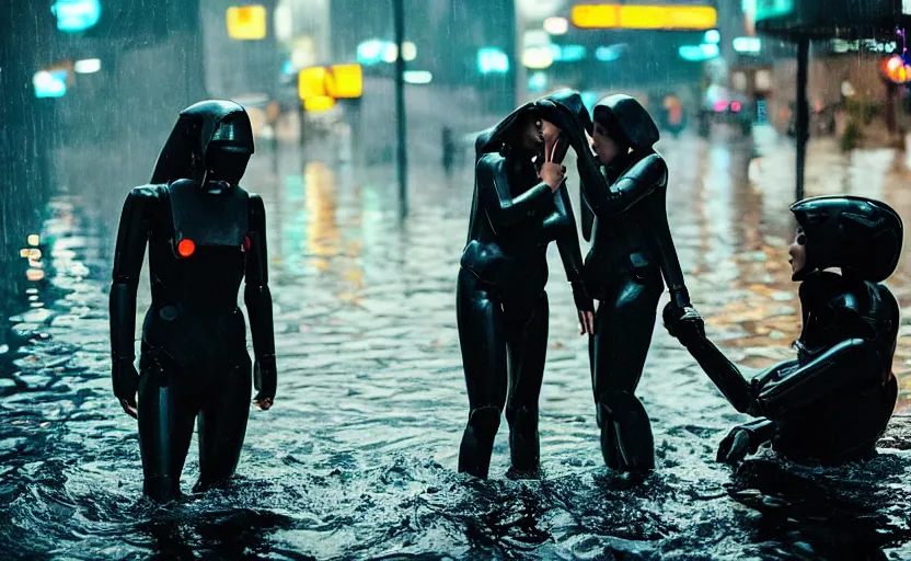 Image similar to cinestill 5 0 d candid photographic portrait by steve mccurry of two loving female androids sobbing wearing rugged black mesh techwear in treacherous waters, flooded city, long shot, retrofuturism cyberpunk moody emotional cinematic, pouring iridescent rain bright spotlight helicopter, 8 k, hd, high resolution, 3 5 mm, f / 3 2, ultra realistic faces, ex machina