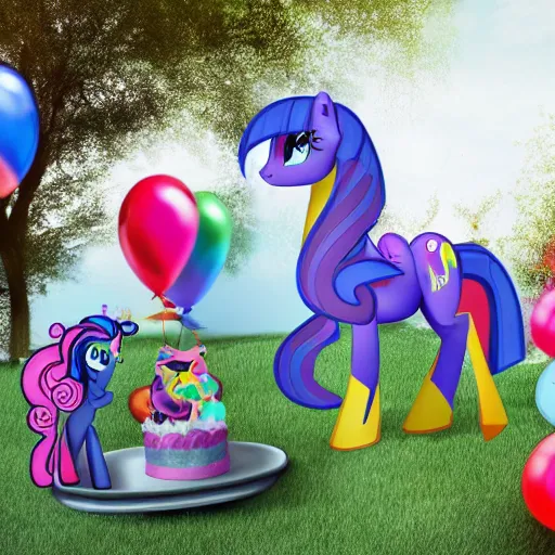 Prompt: (my little pony) giving rides to children at a birthday party in the city park. balloons, cake, presents, crazy, road trip, havoc, 8K, 4K, digital art