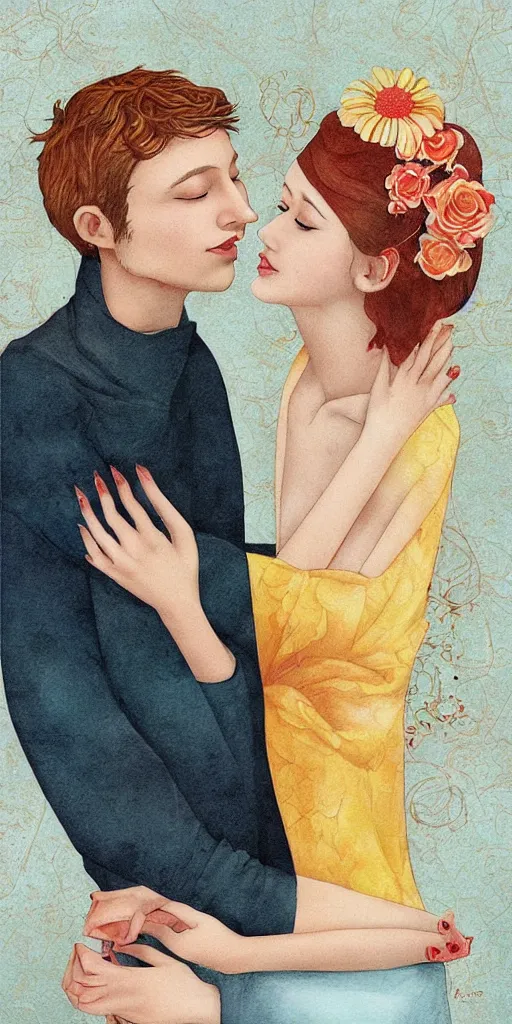 Prompt: greeting card, love, 2 people, by tran nguyen, warm colors, cozy