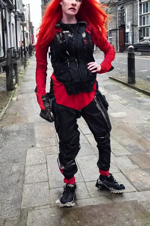 Image similar to beautiful red haired british woman in techwear, techwear look and clothes, hyper-maximalist, highly-detailed and intricate, ACRNYM, Errolson Hugh, Y3, trending on r/streetwear, outfit photo, we see them from head to toe