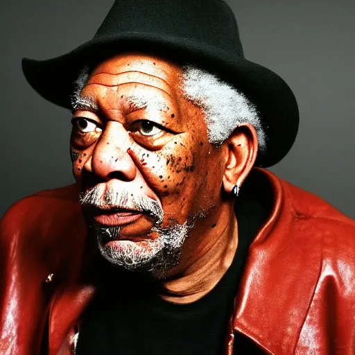 Prompt: a cinematic film still of Morgan Freeman dressed as a punk rocker, portrait, 40mm lens, shallow depth of field, close up, split lighting, cinematic