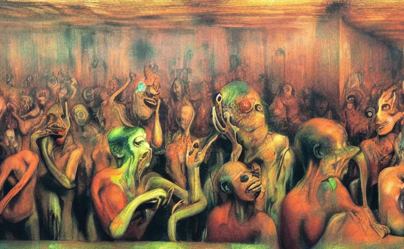 Prompt: a lot of people at the bar, blurred, grotesque, doomed, acrylic paint, high resolution, gouache on canvas, ultra detailed, vibrant colors, grotesque, wrapped thermal background, slimey, art by francis bacon, beksinski painting