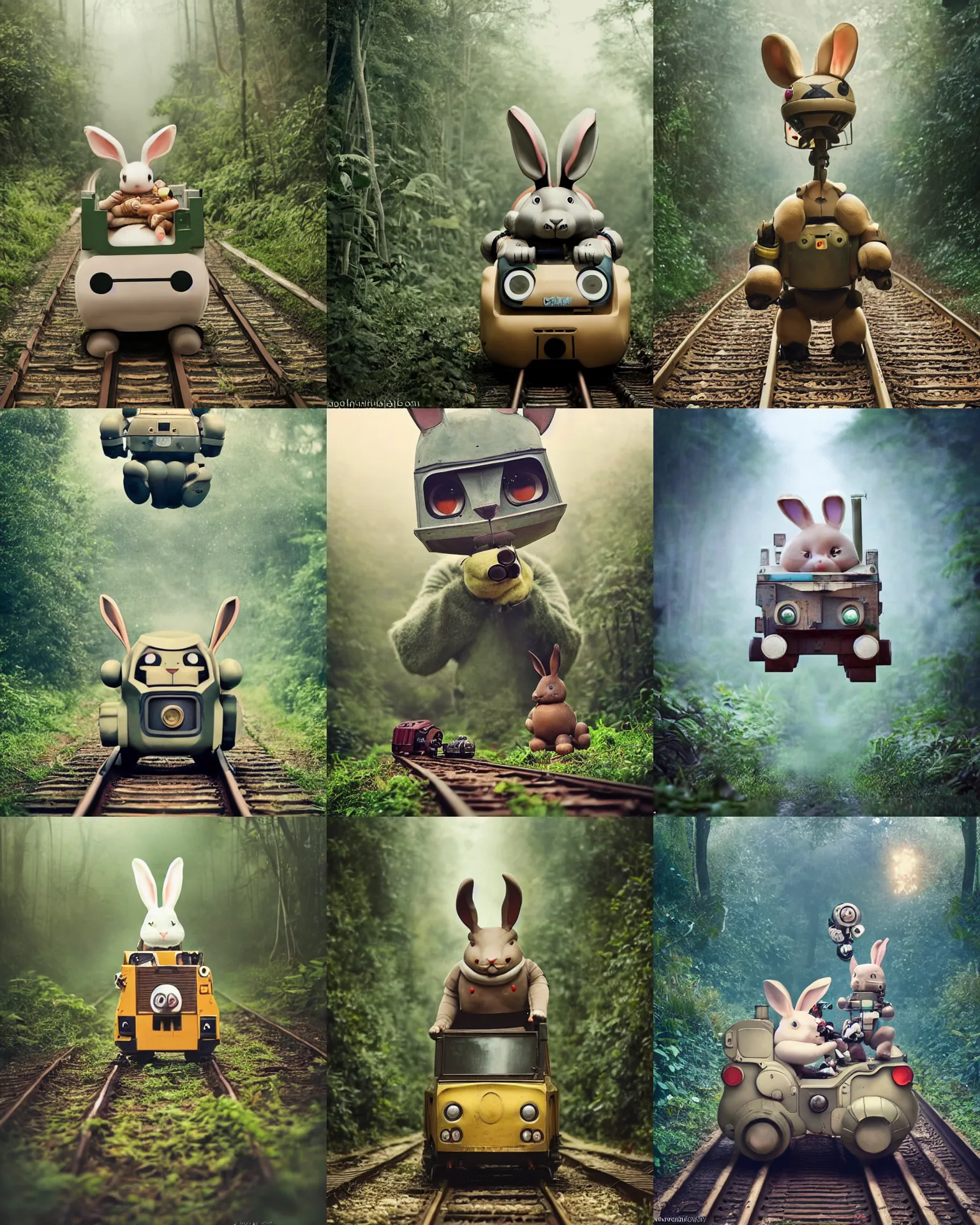 Prompt: epic battle pose !!!giant oversized battle rabbit robot chubby mech baby as train cute with big ears and rabbit, on a jungle forest train track , full body , Cinematic focus, Polaroid photo, vintage , neutral dull colors, soft lights, foggy ,random weather, by oleg oprisco , by victor enrich